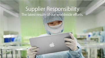 image of technical professional handling a macbook with text about 'Supplier Responsibility - The latest result of our worldwide efforts'